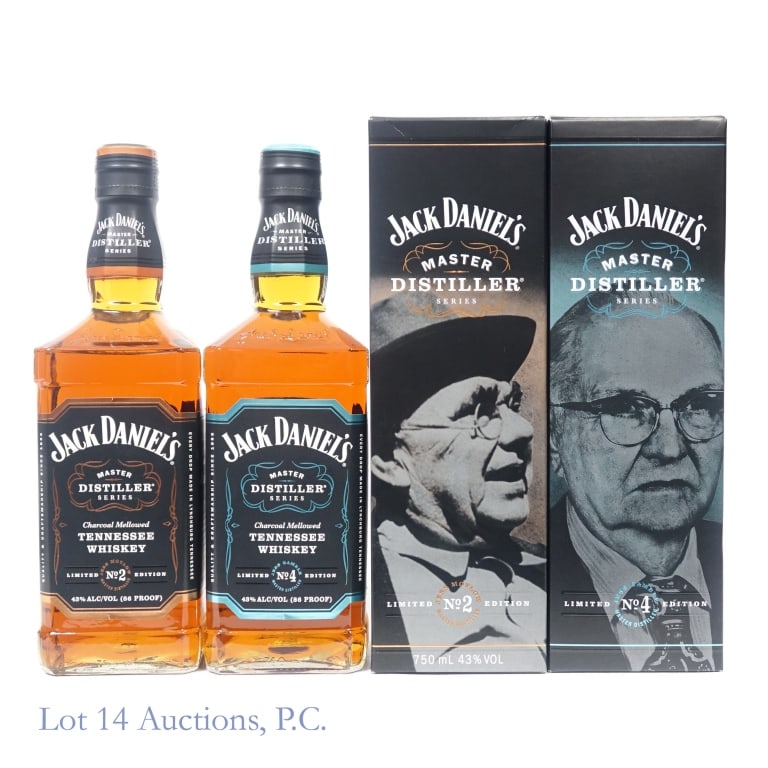 Jack Daniel's Master Distiller Series 2&4 Whiskey: 1-Jack Daniel's Master Distiller Series 2 Tennessee Whiskey, 86 Proof, 750 ml, Edition 2: Jesse Butler "Jess Motlow", Bottle #NX1561, slight nick on bottom of front label and upper side label. Box inc
