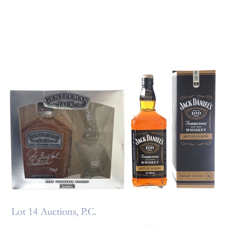 Jack Daniel's BIB 1L & Gentleman Jack Gift Set: 1-Jack Daniel's Bottled-In-Bond Tennessee Whiskey, 100 Proof, 1 Liter. Box included. 2-Gentleman Jack Rare Tennessee Whiskey, 80 Proof, 750 ml, Signed by Master Distiller Jimmy Bedford, 2007. Gift set