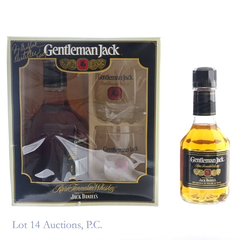 Gentleman Jack Rare Whiskey Gift Set & 375 ml: 1-Gentleman Jack Rare Tennessee Whiskey, 80 Proof, 375 ml, 3rd Generation bottle. 2-Gentleman Jack Rare Tennessee Whiskey, 80 Proof, 750 ml, back label slightly peeling in bottom left corner, 3rd Gene