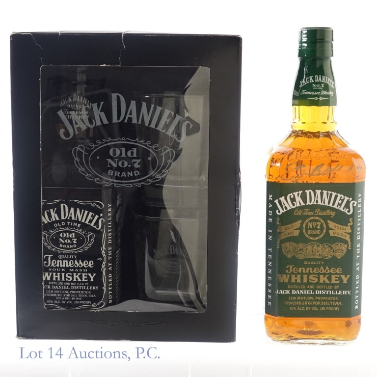 Jack Daniel's Green Label & Whiskey Gift Set (2): 1-Jack Daniel's Green Label Tennessee Whiskey, 80 Proof, 1 Liter. Signed by Master Distiller Jimmy Bedford, 2007 and Master Distiller Frank Bobo, slight peeling on corner of back label. 2-Jack Daniel'