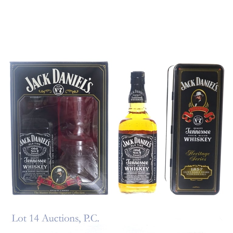 Jack Daniel's Heritage Series & Sig Collection (2): 1-Jack Daniel's Heritage Series Tennessee Whiskey, 86 Proof, 750 ml, Commemorating the Year 1857, Jack's Early Years with Dan Call. Tin case included. 2-Jack Daniel's Master Distiller Signature Collec