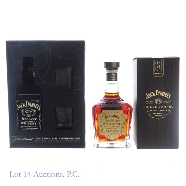 Jack Daniel's Barrel Strength Whiskey & Gift Set: 1-Jack Daniel's Barrel Strength Single Barrel Tennessee Whiskey (2017), 129 Proof, 700 ml, Bottled: 08-25-17, Barrel #17-5610, UK Export sticker on bottle. Box included. 2-Jack Daniel's Tennessee Whis