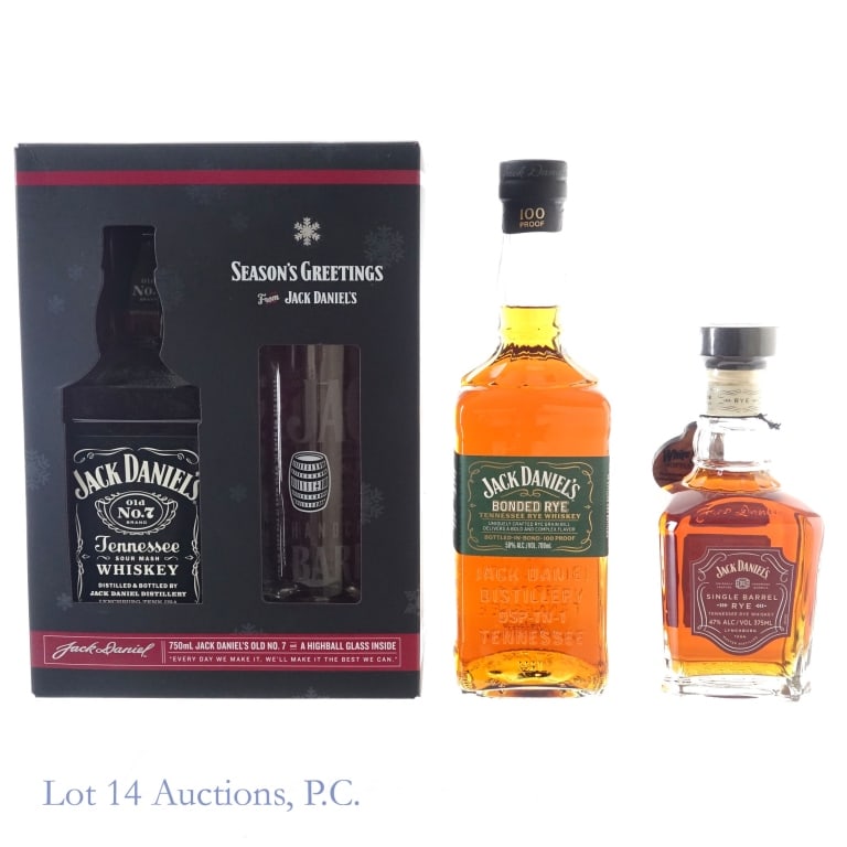 Jack Daniel's Holiday Set, Bonded Rye & SB Rye (3): 1-Jack Daniel's Tennessee Whiskey, 80 Proof, 750 ml. Gift set includes a Jack Daniel's Highball Glass. Box included to house full set. 2-Jack Daniel's Bonded Rye, 100 Proof, 700 ml. 3-Jack Daniel's Si