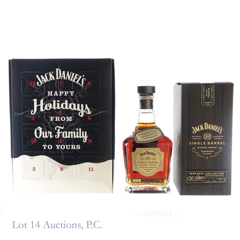 Jack Daniel's Holiday Set & Barrel Proof Pick (2): 1-Jack Daniel's Barrel Proof Single Barrel Tennessee Whiskey (2023), 127.4 Proof, 750 ml, Tennessee J. Shack Inaugural Barrel Private Selection, 08-04-23, Barrel #23-23044. Box included. 2-Jack Daniel