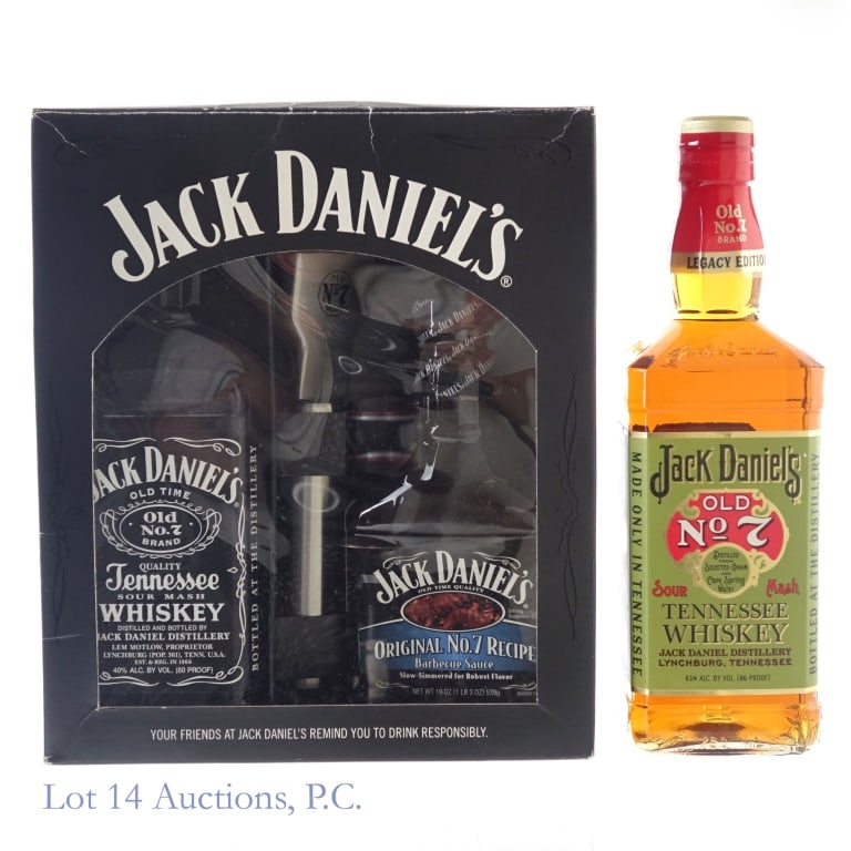 Jack Daniels Legacy Edition 1 & Whiskey Gift Set: 1-Jack Daniel's Legacy Edition #1 Tennessee Whiskey, 86 Proof, 750 ml, Bottle #824710, slight nicks on top and bottom on from and side labels, back label slightly peeling. 2-Jack Daniel's Tennessee Wh