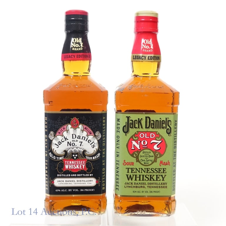 Jack Daniel's Legacy Edition 1&2 Whiskey (2): 1-Jack Daniels Legacy Edition #1 Tennessee Whiskey, 86 Proof, 750 ml, Bottle #817369, slight nicks on top and bottom of front label and side labels, back label peeling on bottom. Box NOT included. 2-J