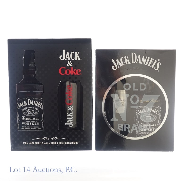 Jack Daniel's 375ml & Jack & Coke Gift Set: 1-Jack Daniel's Tennessee Whiskey, 80 Proof, 375 ml, Signed by Master Distiller Frank Bobo, slight nicks on top and bottom of front label. Gift set includes Jack Daniel's barrel shot glass. Box includ