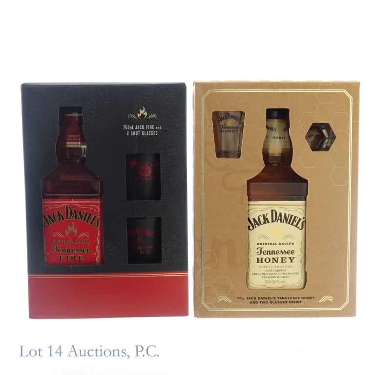 Jack Daniel's Tennessee Fire & Honey Gift Sets (2): 1-Jack Daniel's Tennessee Fire Cinnamon Liqueur, 70 Proof, 750 ml, slight nick on top and bottom of front label. Gift set includes 2 Tennessee Fire shot glasses. Box included to hold entire set. 2-Jac