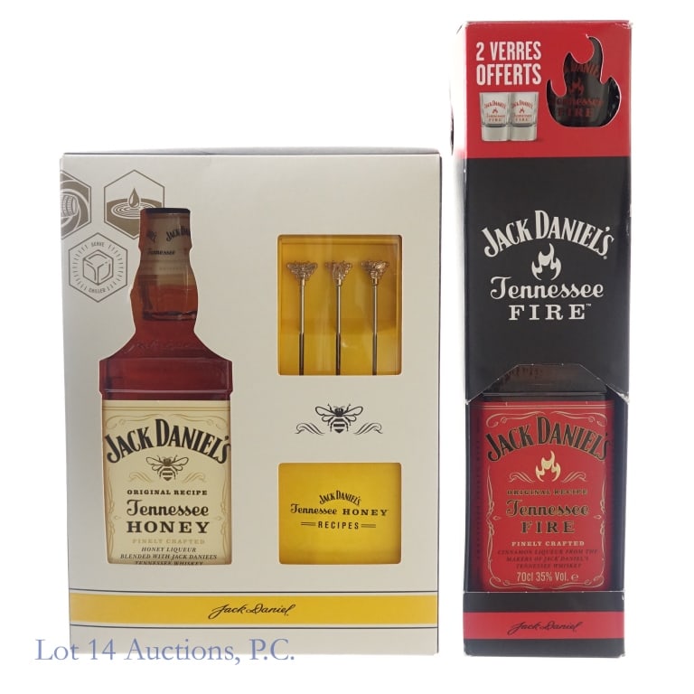 Jack Daniel's Tennessee Fire & Honey Gift Sets (2): 1-Jack Daniel's Tennessee Fire Cinnamon Liqueur, 70 Proof, 700 ml, slight nick on top and bottom of front label. Gift set includes 2 Tennessee Fire shot glasses. Box included to hold entire set. 2-Jac