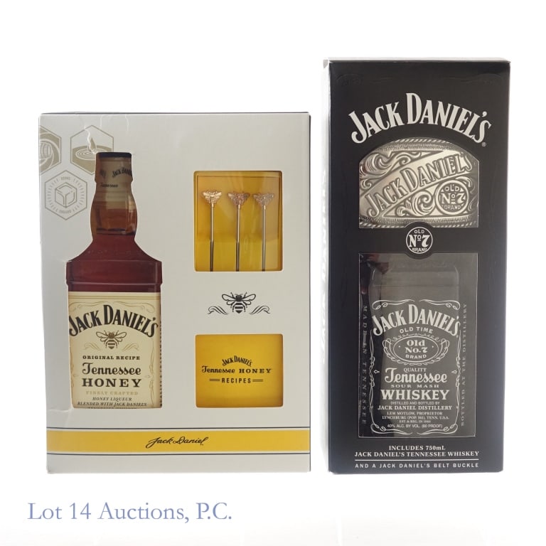 Jack Daniel's Tennessee Honey & Whiskey Gift Set: 1-Jack Daniel's Tennessee Honey Liqueur, 70 Proof, 750 ml, slight nicks on top and bottom of front label. Gift set includes 4 Tennessee Honey stir sticks. Box included to house full set, 2 tears in fr