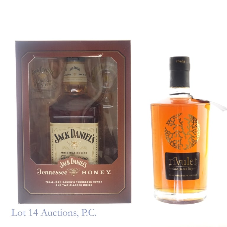 Jack Daniel's Tenn. Honey & Rivulet Pecan Liqueur: 1-Jack Daniel's Tennessee Honey Liqueur Gift Set,70 Proof, 750 ml. Gift set includes 2 Jack Daniel's Tennessee Honey shot glasses. Box included to hold entire set, small tear on upper front part of bo