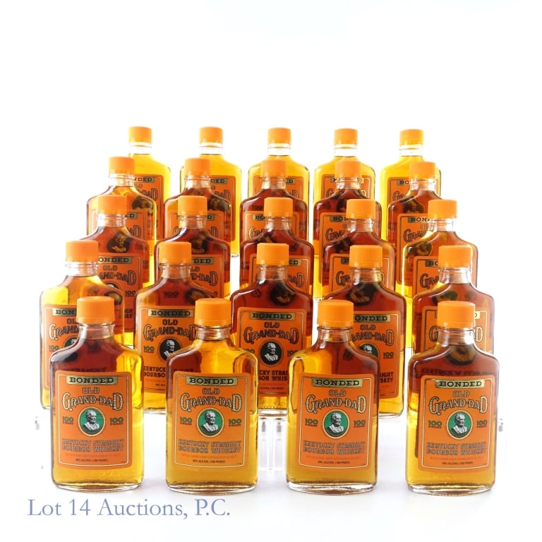 Old Grand-Dad Bonded Kentucky Bourbon 24 x 200ml: Twenty-four bottles of Old Grand-Dad Bonded Kentucky Straight Bourbon Whiskey. Bottled in bond (100 proof). 200 ml. 1994/95.****Some bottles show signs of moisture damage and discoloration to front an