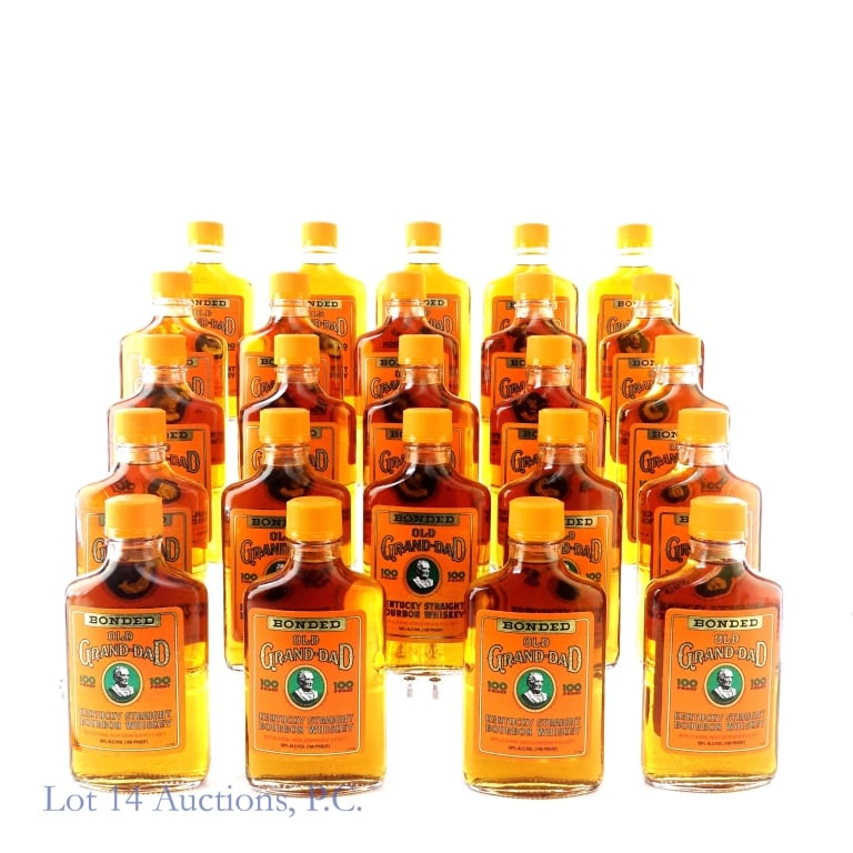 Old Grand-Dad Bonded Kentucky Bourbon 24 x 200ml: Twenty-four bottles of Old Grand-Dad Bonded Kentucky Straight Bourbon Whiskey. Bottled in bond (100 proof). 200 ml. 1994/95.****Some bottles show signs of moisture damage and discoloration to front an