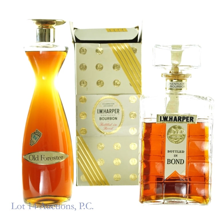 Old Forester & 62 IW Harper BIB Bourbon***OPENED: 1-Old Forester Bonded "Lamp" Bourbon Decanter, 100 Proof, 4/5 Quart, Bottled between 1953-1958.****Tax strip completely missing along with back label. Fill level is good but bottle is OPEN. 2-I.W. Har