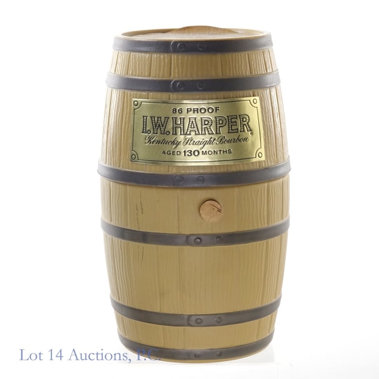 I.W. Harper 130 Month Barrel Decanter***OPEN: I.W. Harper 130 Month Bourbon Barrel Decanter, 86 Proof, 4/5 Quart, 1960s-1970s bottling, Decanter weighs approximately 2 Ib, 15 oz, front label peeling slightly.*****Tax strip is broken and decanter 