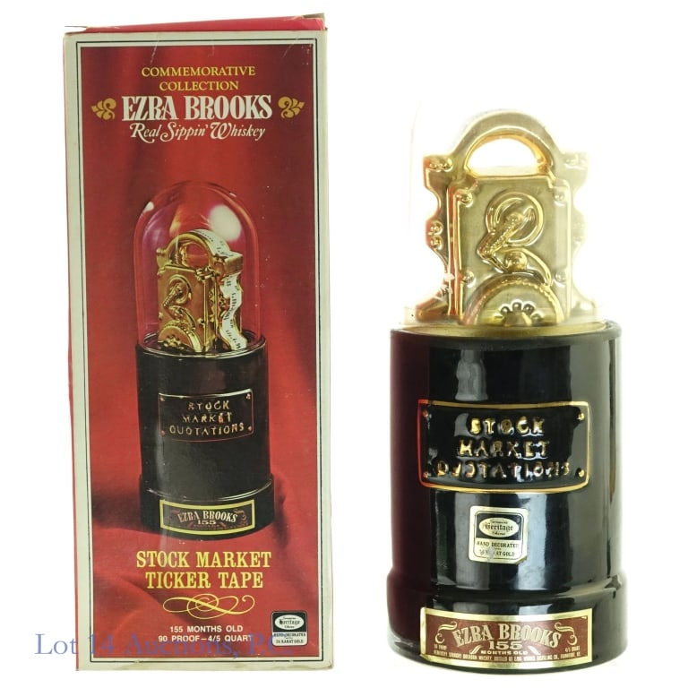 Ezra Brooks Stock Market Ticker Tape Bbn Decanter: 1970 Ezra Brooks 155 Month Stock Market Ticker Tape Bourbon Decanter, 90 Proof, 4/5 Quart, Commemorative Collection. China decanter with hand decorated 24 karat gold. Decanter weighs approximately 3 I