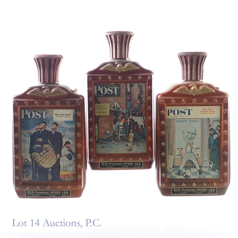 1976 Beam's Sat Evening Post Decanters (3): 1-Beam's 100 Month Norman Rockwell's Saturday Evening Post Bourbon Decanter, 80 Proof, 4/5 Quart, 1976 Bicentennial Limited Edition Series, Decanter weighs approximately 3 Ib. Tax strip torn in multip