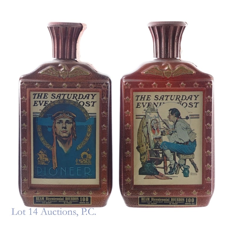 1976 Beam's Sat Evening Post Decanters (2): 1-Beam's 100 Month Norman Rockwell's Saturday Evening Post Bourbon Decanter, 80 Proof, 4/5 Quart, 1976 Bicentennial Limited Edition Series, Decanter weighs approximately 3 Ib. Tax strip has multiple t