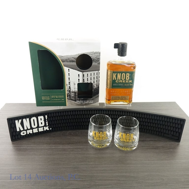 Knob Creek Single Barrel Rye Gift Set: Knob Creek Single Barrel Select Rye, 115 Proof, 750 ml, Jewel Osco 2022 Barrel 4-Ken Cruikshank Private Selection, Selected: 03-16-22, Barreled: 02-12-16. Gift set includes 2 Knob Creek drinking glass