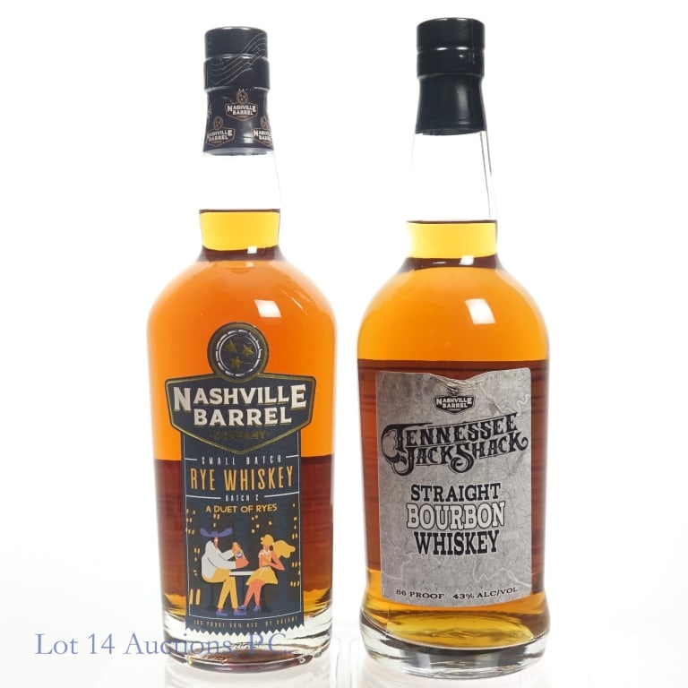 Nashville Barrel Co. Bourbon & Small Batch Rye: 1-Tennessee Jack Shack x Nashville Barrel Company Bourbon, 86 Proof, 750 ml, Nashville Series, slight crease on upper front label, small tear on back label. 2-Nashville Barrel Company Small Batch Rye,