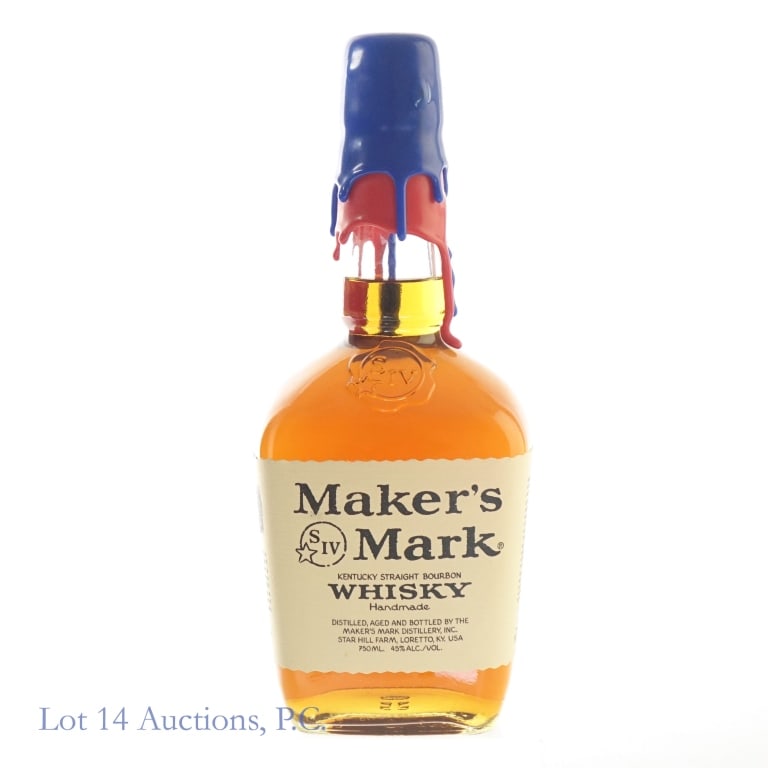Maker's Mark Bourbon (Blue & Red Wax): Maker's Mark Bourbon, 90 Proof, 750 ml. Both red and blue wax in good condition.