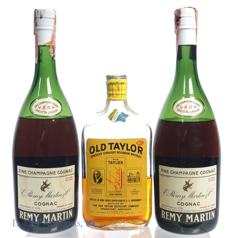 Old Taylor Bourbon & Remy Martin VSOP Cognac* (3): 1-Old Taylor Bourbon, 100 Proof, 1 Pint. Bottled: Spring 1946, Made: Spring 1942.*****Bottle very low fill, approximately 3" below shoulder, less than halfway full, sediment seen throughout bottle and