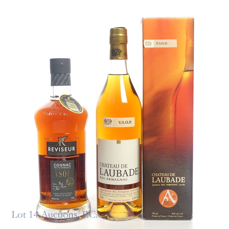 Chateau Laubade Armagnac & Reviseur Cognac: 1-Chateau Laubade VSOP Bas Armagnac, 80 Proof, 750 ml, upper foil capsule slightly peeling but remains sealed. Box included, inner divider of box torn. 2-Reviseur VSOP Cognac, 80 Proof, 750 ml.