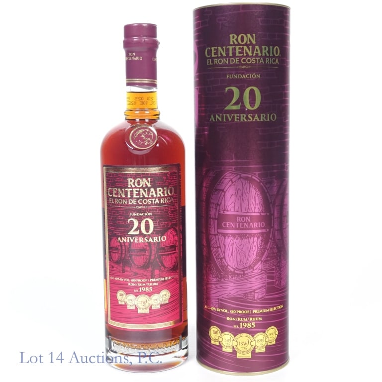 Ron Centenario 20 Aniversario Rum: Ron Centenario 20 Aniversario Costa Rican Rum, 80 Proof, 750 ml, established in 1985. Cylinder tube included.