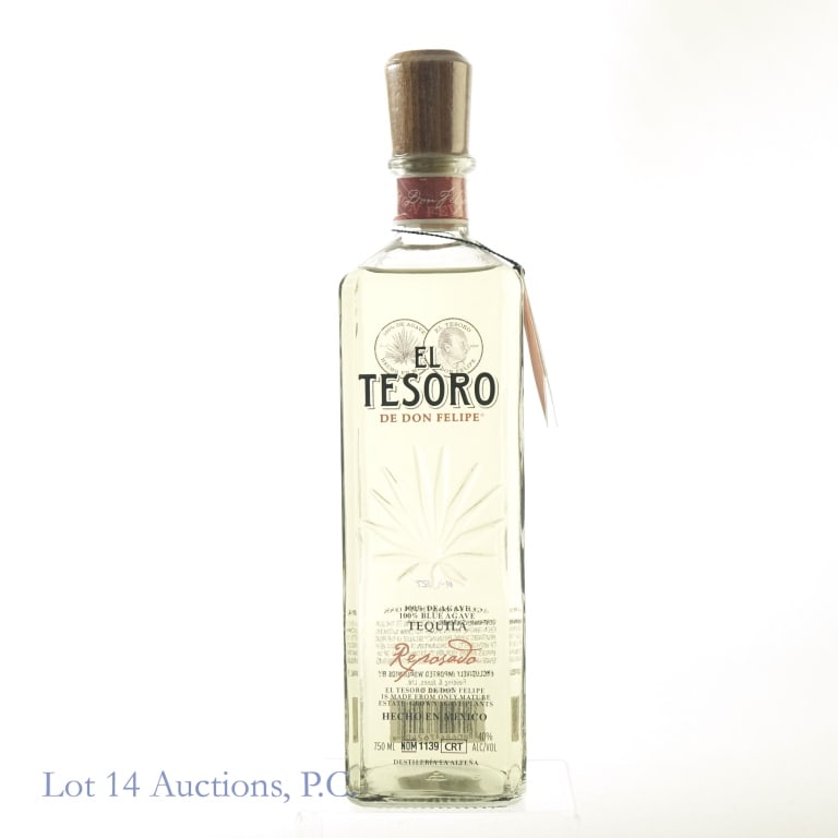 El Tesoro Reposado Tequila (Olive Oil Bottle): El Tesoro De Don Felipe Reposado Tequila (Olive Oil Bottle), 80 Proof, 750 ml, Lot #R-1027, Aged: 6-8 months.