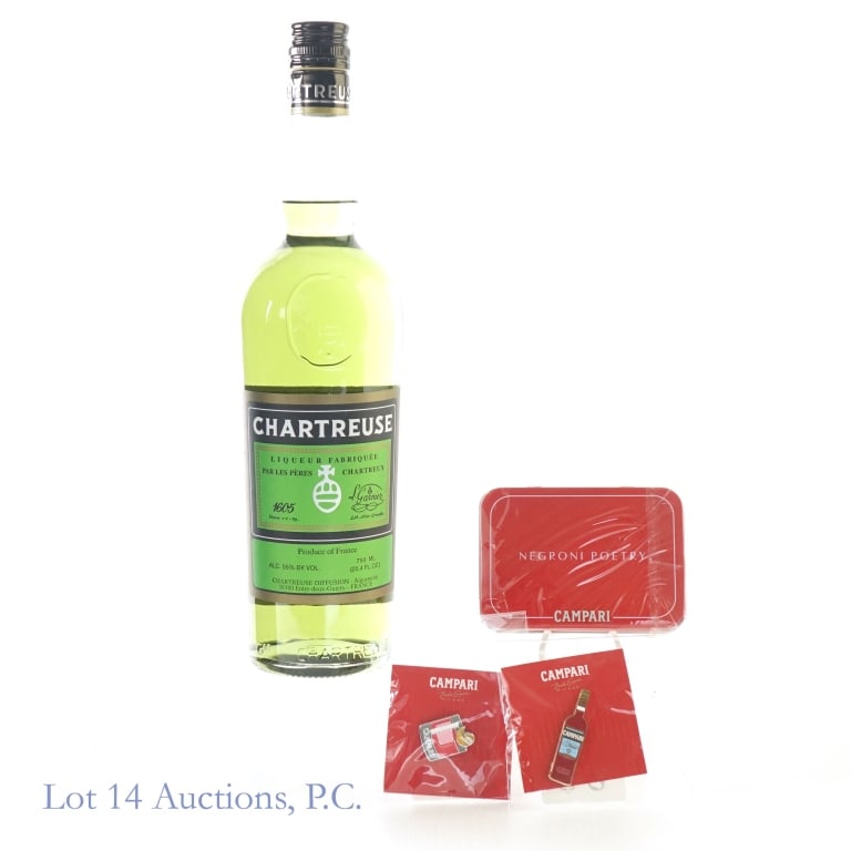 Chartreuse Green Label & Campari Magnets & Pins: Chartreuse Green Label Liqueur (2023), 110 Proof, 750 ml. Bottle also includes 2 Campari Milano pins and a Campari "Negroni Poetry" magnet set with tin case.