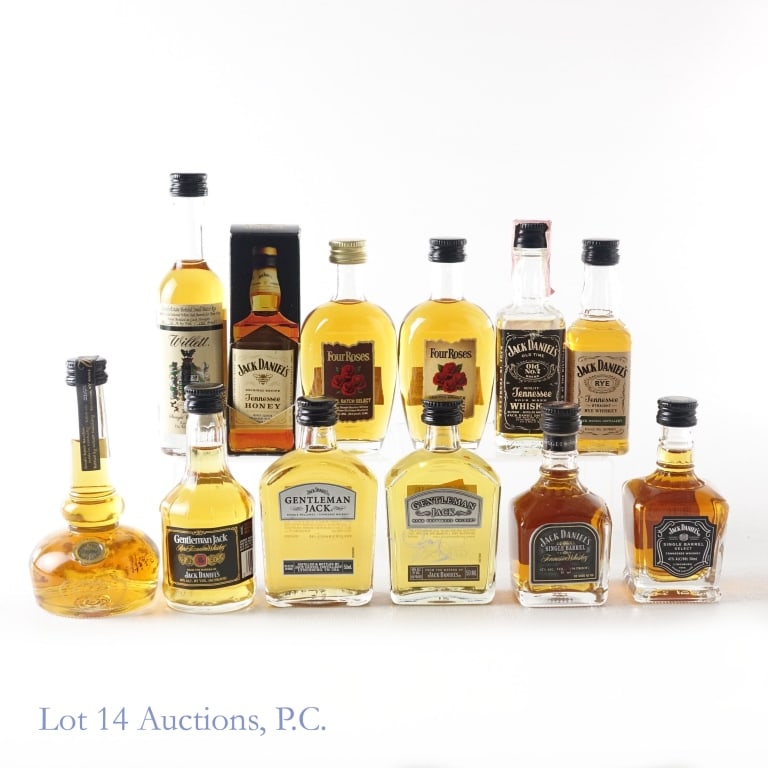 Willett, Four Roses, & Jack Daniel's Minis (12): 1-Willett 3 Year Small Batch Rye Mini, 108 Proof, 50 ml. 2-Willett Pot Still Small Batch Bourbon Mini, 94 Proof, 50 ml, Batch #21G01. 3-Four Roses Small Batch Bourbon Mini, 90 Proof, 50 ml. 4-Four Ros