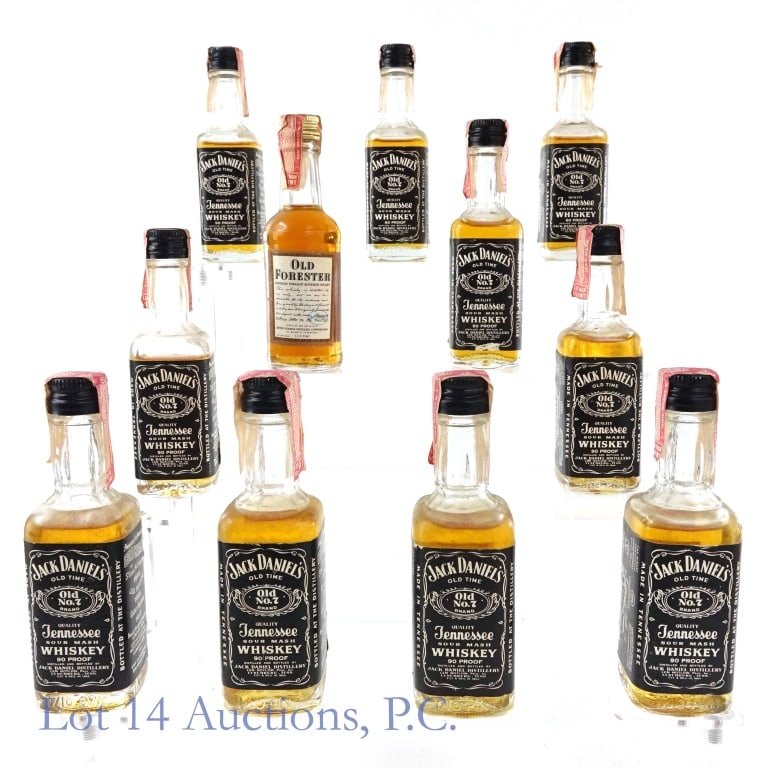 JD & Old Forester Delta Airline Minis (11): 1-Jack Daniel's Tennessee Whiskey Mini, 90 Proof, 1/10 Pint, 1940s-1960 bottling (x10), All fills are at shoulder level or above. 2-Old Forester Bourbon Mini, 86 Proof, 1/10 Pint, 1940s-1960 bottling.