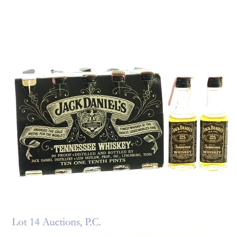 Jack Daniel's Gold Medal Whiskey Mini (10-Pack): Jack Daniel's Gold Medal Louisiana Purchase Exposition Tennessee Whiskey Minis (Pack of 10), 90 Proof, 1/10 Pint, tax strips are difficult to read but bottling is estimated to be around the early-mid
