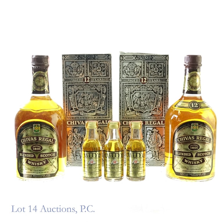 Chivas Regal 12 Yr Scotch (2) & Cutty 12 Minis (3): 1-Chivas Regal 12 Year Blended Scotch, 86 Proof, 750 ml, late 1970s-early 1980s bottling. 12 year neck label missing. Front and back labels otherwise in good condition. Tax strip also in good conditio
