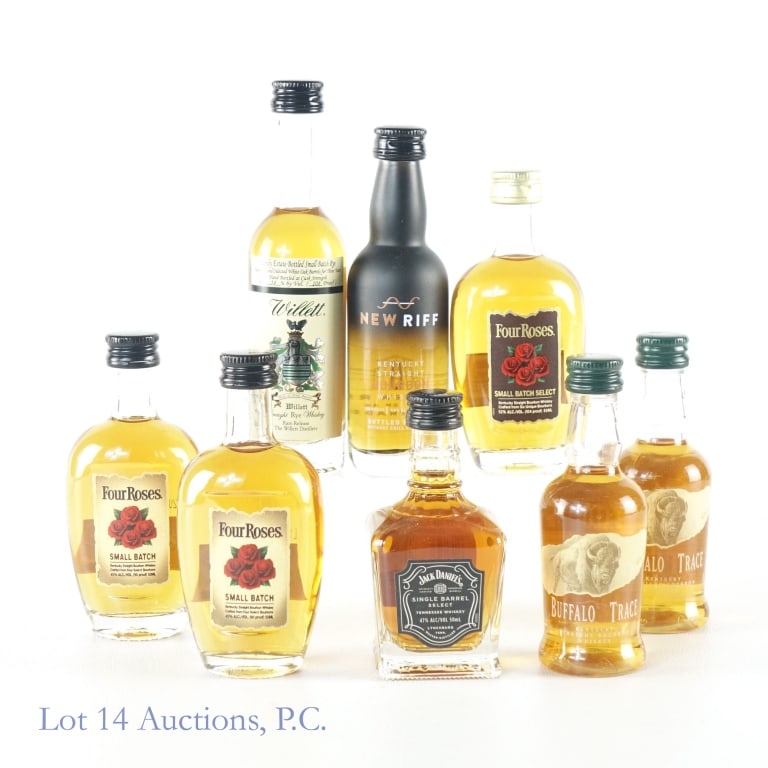 Bourbon & Rye Mini 8-Pack (8): 1-Four Roses Small Batch Bourbon Mini, 90 Proof, 50 ml (x2). 3-Four Roses Small Batch Select Bourbon Mini, 104 Proof, 50 ml. 4-Willett 3 Year Small Batch Rye Mini, 108 Proof, 50 ml. 5-New Riff Bourbon