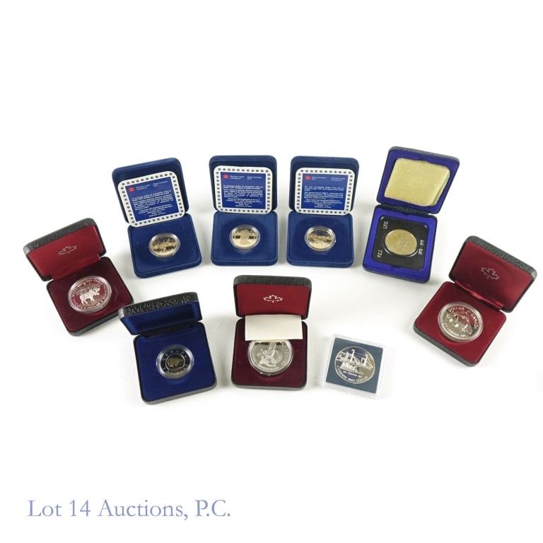 RCM $1 & $2 Dollar Coins in OGP (9): Nine (9) Royal Canadian Mint $1 and $2 coins in OGP as follows: ---1973 nickel brilliant uncirculated 100th anniversary of Prince Edwards Island dollar coin in OGP. Mintage 466,881; ---1979 silver 300