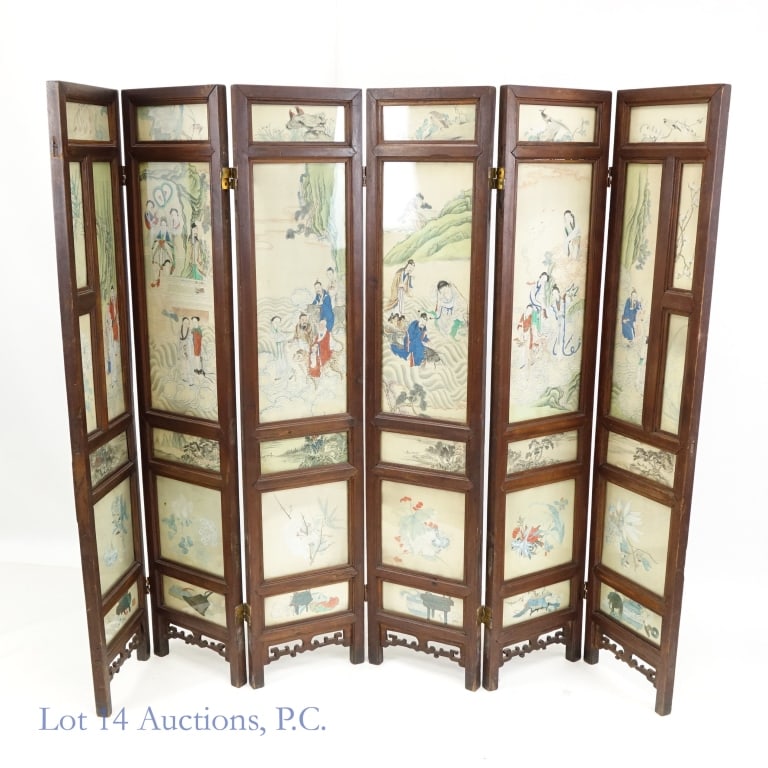 19th Century Chinese Teak Room Divider: 19th Century Chinese Teak Room Divider. LOCAL / 3RD PARTY SHIPPING ONLY!Painted panels behind glass. Six teak folding screens. Screen: 52"x11"x1".Some gouges, dings and wear apparent. Local or 3rd par