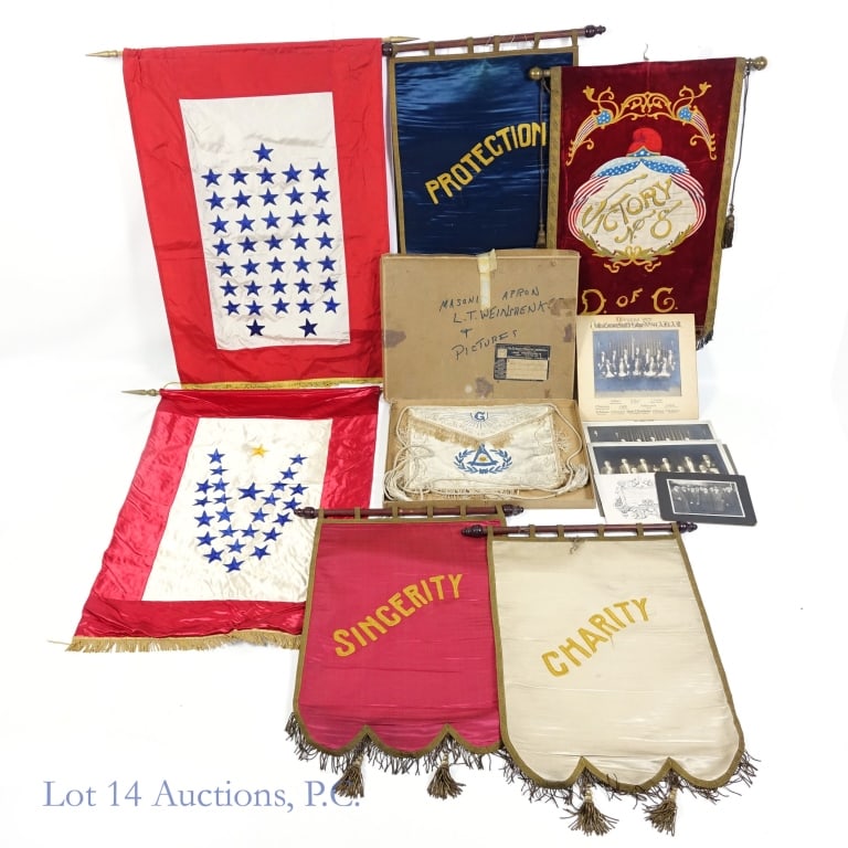 Masonic Apron, Banners: Masonic Apron, Banners. Masonic Apron circa 1922 in original delivery box, photos and other paraphernalia including invitation. Also included are multiple banners of significance. Wear and tear approp