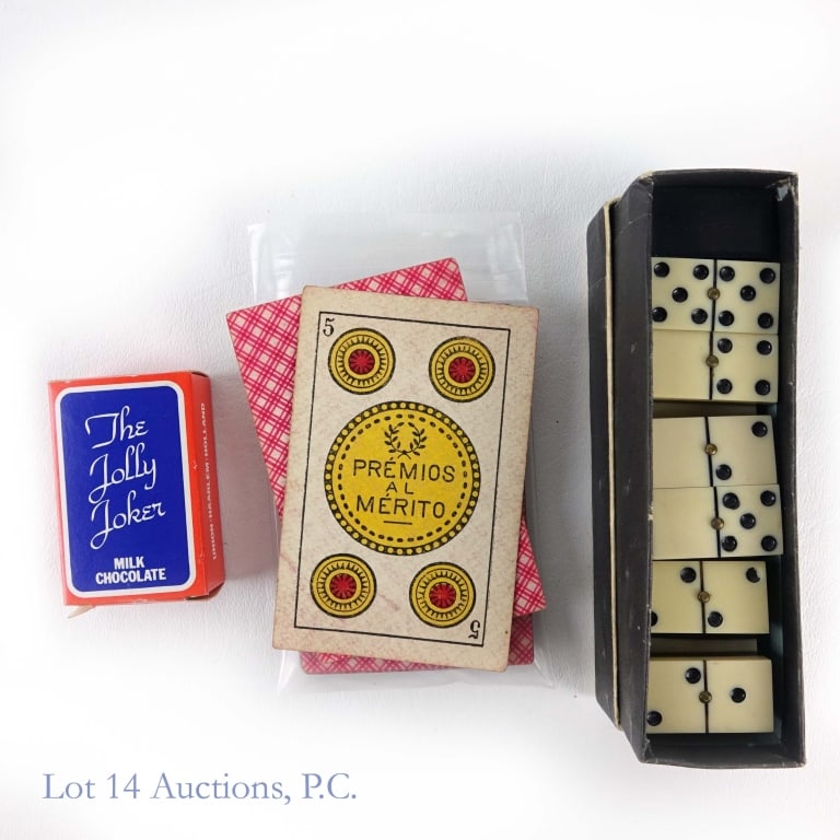 Bone and Ebony Domino Set, Playing Cards (3): Bone and Ebony Domino Set, Playing Cards (3). Included are: A set of 28 bone and ebony dominos in box stamped Industria Argentina and a Monte Carlo sticker. A deck of 'La Legitimate Loba', one of the