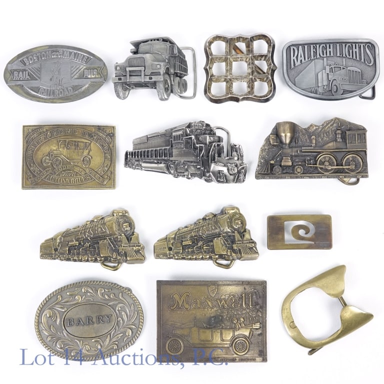 Railway, Travel Belt Buckles (12): Railway, Travel Belt Buckles (12). A collection of belt buckles celebrating trains, cars, automobiles and a few for non descript occasions. Please see photos for more details.