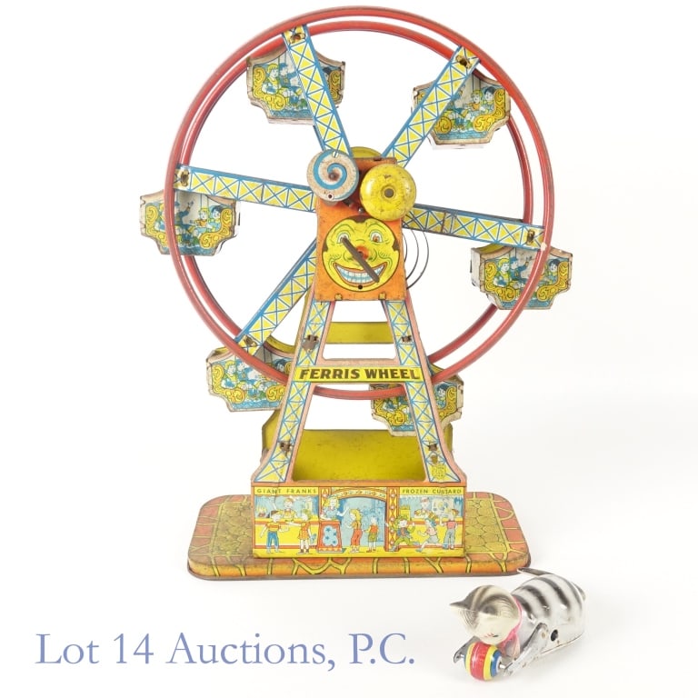 J. Chein Wind Up Hercules Ferris Wheel: J. Chein Wind Up Hercules Ferris Wheel. A wind up tin lithograph ferris wheel toy produced by the J. Chein company c. 1950. Height - 16". Wheel still rotates, but clip (or pin) on "hercules" nose is m