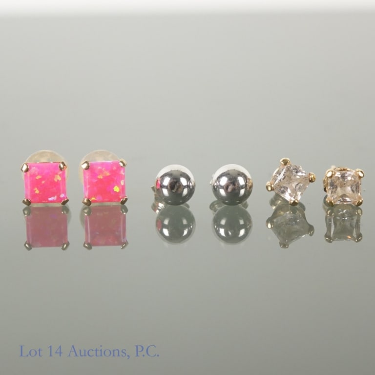 10k Y Gold Stud Earrings (3 Pairs): Three pairs of stud earrings, all marked "10k". One pair has spheres at the end, One pair has glass gemstones, and the third has pink opal. Total weight: 1.2 grams.