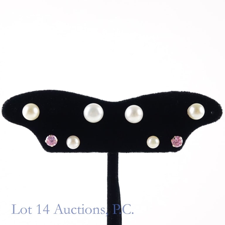 Yellow Gold Stud Earrings (6 Pairs): 4 pairs of earrings. - one marked "14k" on the stems, one marked "585" on the stems, one marked "14k" on the stop, and the small pink stoned pair marked "10k" on the stops. Total weight for the 14 k p
