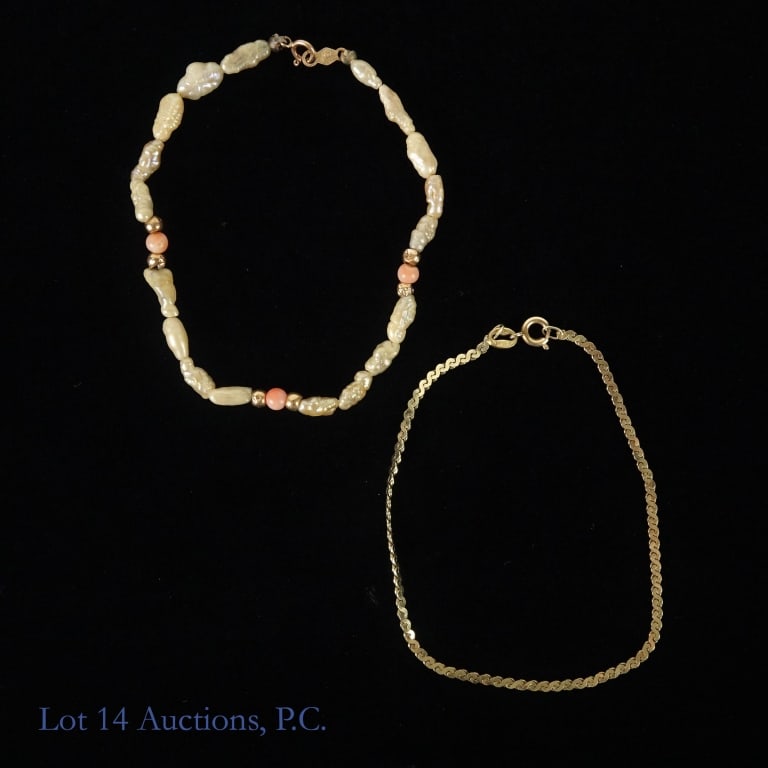 14k Y Gold Bracelet + Stone Bracelet: 14 karat gold bracelet, Made in Arezzo, Italy (marked "14k" and "star 127 AR". Weight: 2.15 grams. ***** Stone bracelet with "14k" marked clasp. Weight: 2.6 grams.