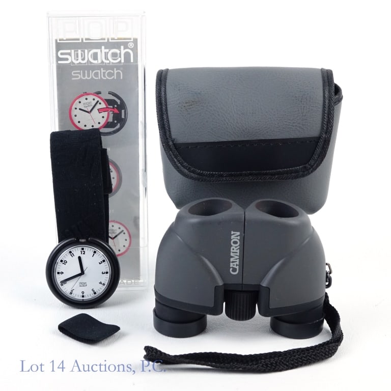 POP Swatch Watch (NOS) & Field Binoculars: POP Swatch wristwatch. New old stock. Works! ***** Camron mini-compact binoculars. 8x21 mm. Fully coated lenses. Carrying case with instructional booklet.