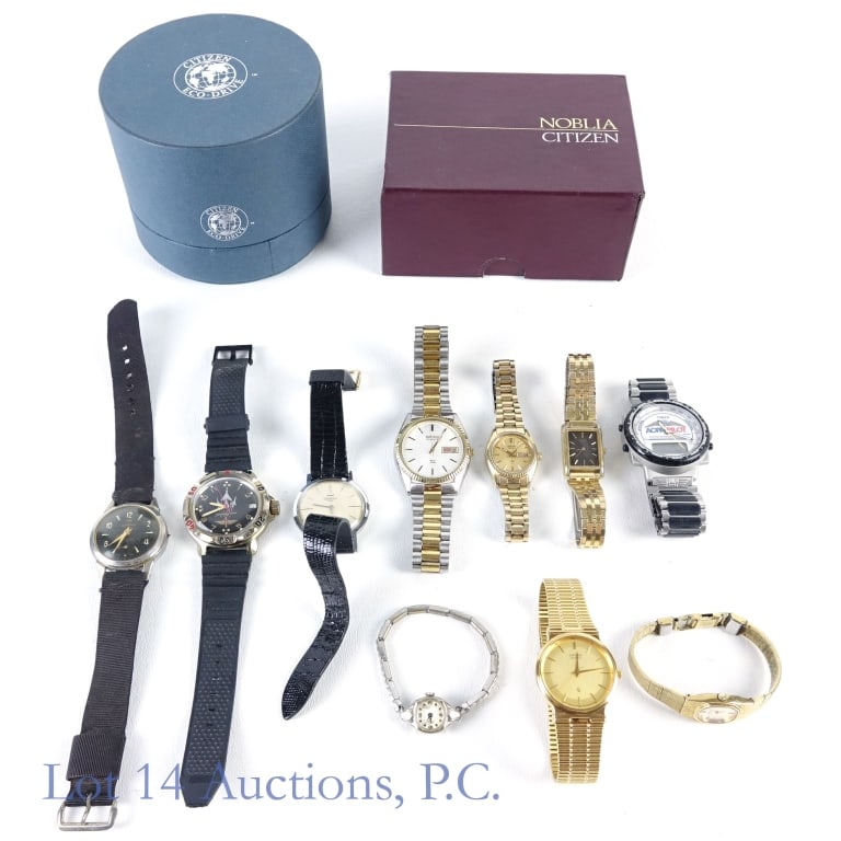 Waltham, Bulova, Citizen Watches (10): Waltham, Bulova, Citizen Watches (10). Waltham Incabloc. Bulova L8. Komanderskie, Soviet commander watch. Other watches include Citizen, Seiko and Timex. Also included are Two Citizen watch boxes with