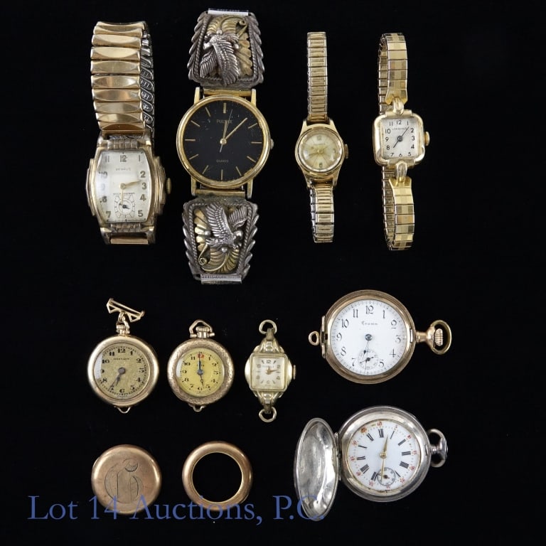 Watches (Wrist & Pocket - Parts): 4 pocket watches and 4 wrist watches. The highlight is a Kordes & Lichtenfels (K & L) small pocket watch with a 0.935 sterling silver case. *** A small Crown pocket watch, engraved and personalized wi