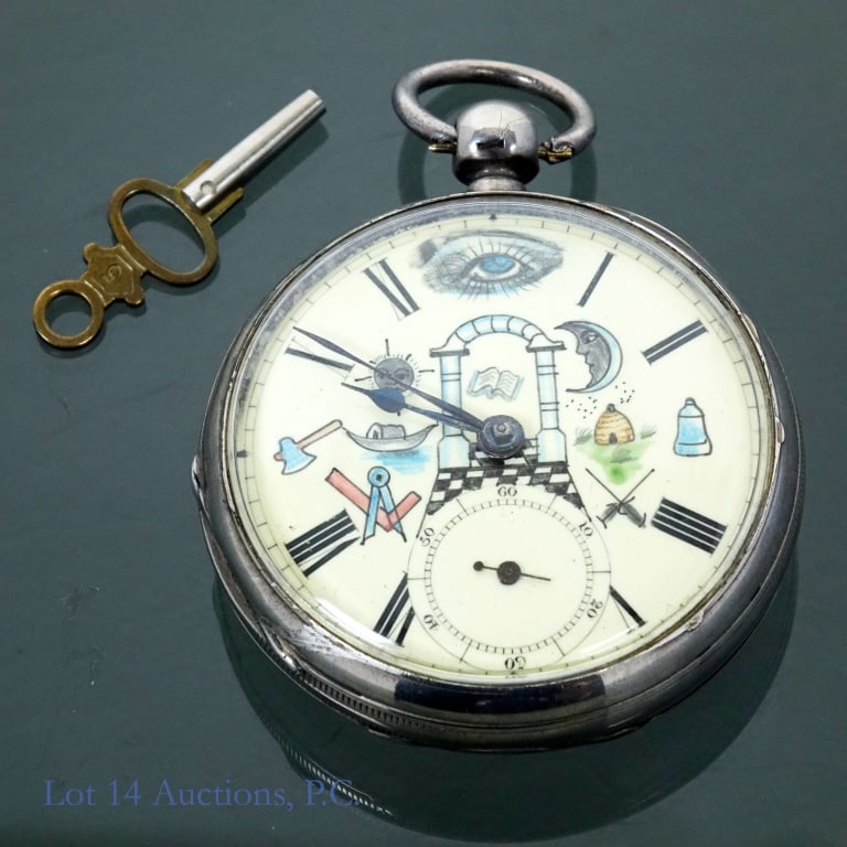 Masonic Key Wind Pocket Watch: Masonic Pocket Watch. Key wound, with key. Waltham, Mass. #1,4197720. Case Markings: Lion. Anchor. 'e'. 'A.B'. '558' Markings inside of cuvette: 'A.B'. 'e'. '558' and one other indiscernible. Parts mo