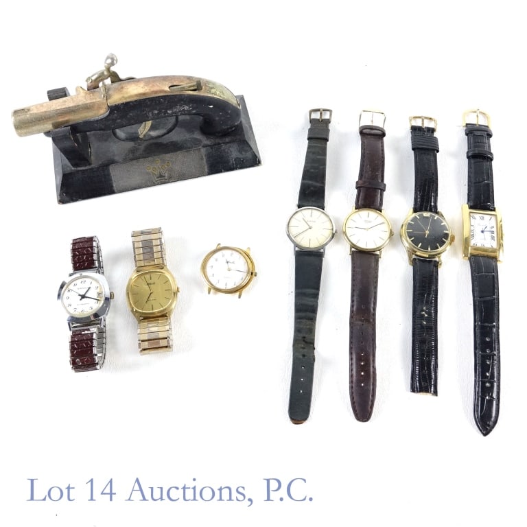 Watches and Lighter (7): Watches and Lighter (7). Assorted watches and a novelty lighter with stand. Watches include Diantus, Moulin, Juvenia and Osirock. Not tested, for parts or repair. See photos for more detail.