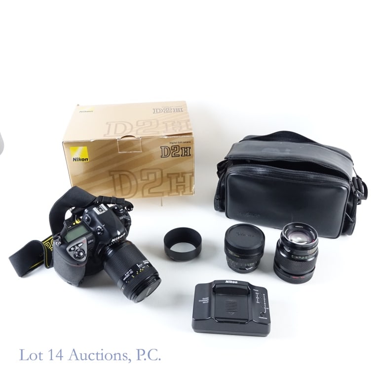 D2H Nikon, Quick Charger, 3 Lenses: D2H Nikon, Quick Charger, 3 Lenses. D2H Nikon camera with original box and literature #2011093. Nikkor 70-210mm, 1:4-5.6 D. Nikon Quick Charger MH-21. Nikon HN-24 lens hood. Zenzanon MC, 1:4, 150mm, #